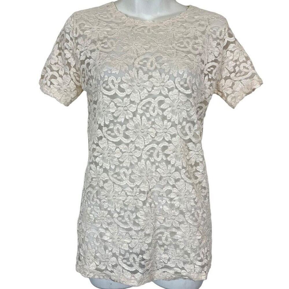 Victorias Secret Vintage Gold Label Womens Sheer Lace Ivory Short Sleeve Top S